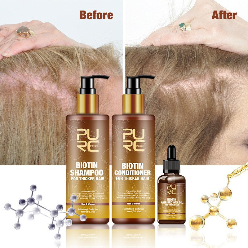 Champú y acondicionador de tres piezas con biotina y jengibre para el cuidado del cabello PURC, repara la sequedad y el frizz, con aceite esencial.