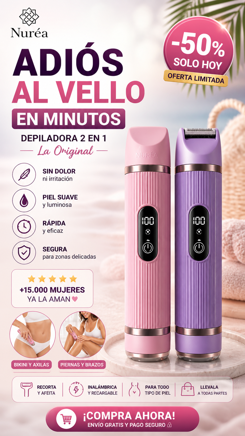Depiladora Eléctrica Indolora 2 en 1 con Pantalla Digital